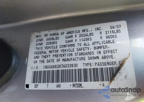 2007 Acura Tl 3.2 из США, поврежденный, VIN 19UUA662X7A033930